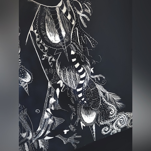 Handmade Black & White Sea Shell Mermaid Ocean Fantasy Scratchboard Artwork - Picture 6 of 10